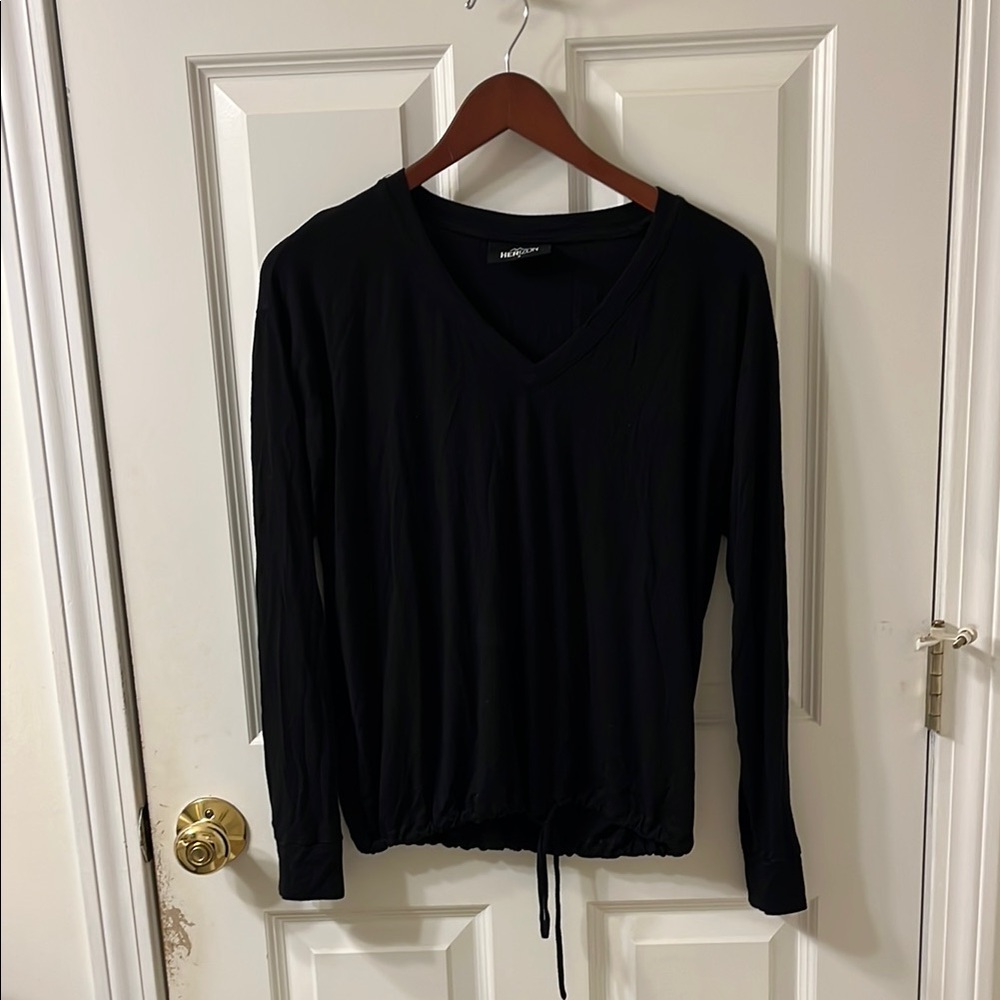 Black V-Neck Drawstring Hem Long Sleeve Top